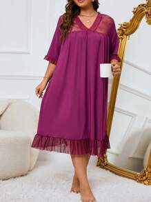 加大对比色蕾丝荷叶边下摆睡衣睡裙 - 紫色 - 查看 1