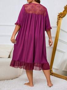 加大对比色蕾丝荷叶边下摆睡衣睡裙 - 紫色 - 查看 2