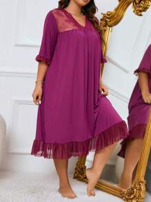 加大对比色蕾丝荷叶边下摆睡衣睡裙 - 紫色 - 查看 3