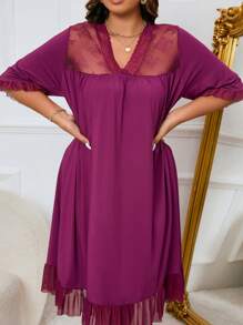 加大对比色蕾丝荷叶边下摆睡衣睡裙 - 紫色 - 查看 4