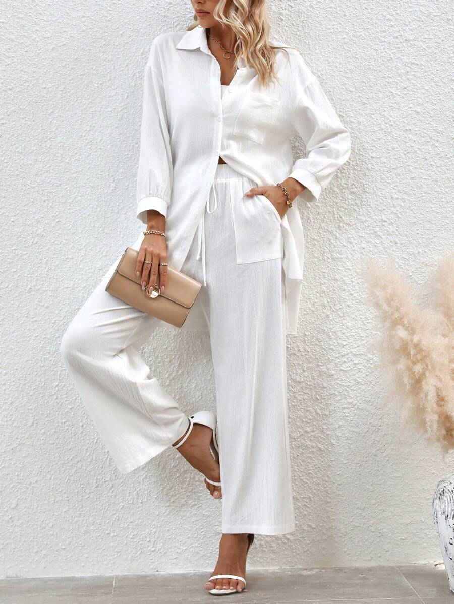 SHEIN LUNE Drop Shoulder High Low Hem Shirt & Wide Leg Pants - White - View 1