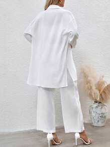 SHEIN LUNE Drop Shoulder High Low Hem Shirt & Wide Leg Pants - White - View 2