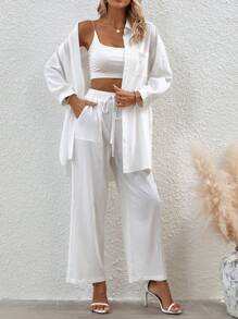 SHEIN LUNE Drop Shoulder High Low Hem Shirt & Wide Leg Pants - White - View 3