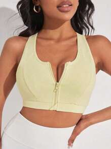 Yoga Basic Zip Up Racer Back Sports Bra - Beige - View 1