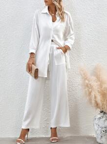SHEIN LUNE Drop Shoulder High Low Hem Shirt & Wide Leg Pants - White - View 4