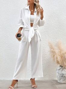 SHEIN LUNE Drop Shoulder High Low Hem Shirt & Wide Leg Pants - White - View 5