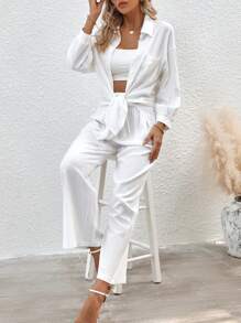 SHEIN LUNE Drop Shoulder High Low Hem Shirt & Wide Leg Pants - White - View 6