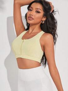 Yoga Basic Zip Up Racer Back Sports Bra - Beige - View 5