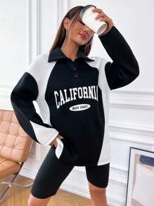 SHEIN Unity 字母圖案撞色Polo領落肩袖運動衫 - 黑與白 - 查看 3