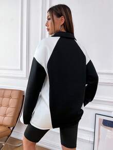 SHEIN Unity 字母圖案撞色Polo領落肩袖運動衫 - 黑與白 - 查看 2