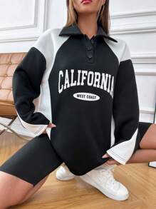 SHEIN Unity 字母圖案撞色Polo領落肩袖運動衫 - 黑與白 - 查看 1