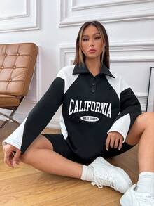 SHEIN Unity 字母圖案撞色Polo領落肩袖運動衫 - 黑與白 - 查看 6