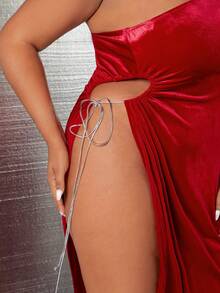SHEIN SXY Plus One Shoulder Split Thigh Velvet Dress - Red - View 3
