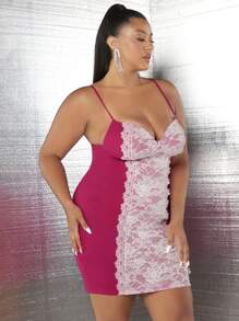 SHEIN SXY Talla grande Vestido ajustado de tirantes panel con encaje bustier - Rosa Fucsia - Ver 4