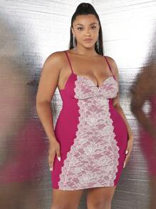 SHEIN SXY Talla grande Vestido ajustado de tirantes panel con encaje bustier - Rosa Fucsia - Ver 5