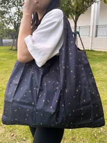 Large Capacity Portable Foldable Shopping Bag With Star & Moon Pattern, Stars Hollow Women Bag - Multicolor - View 1