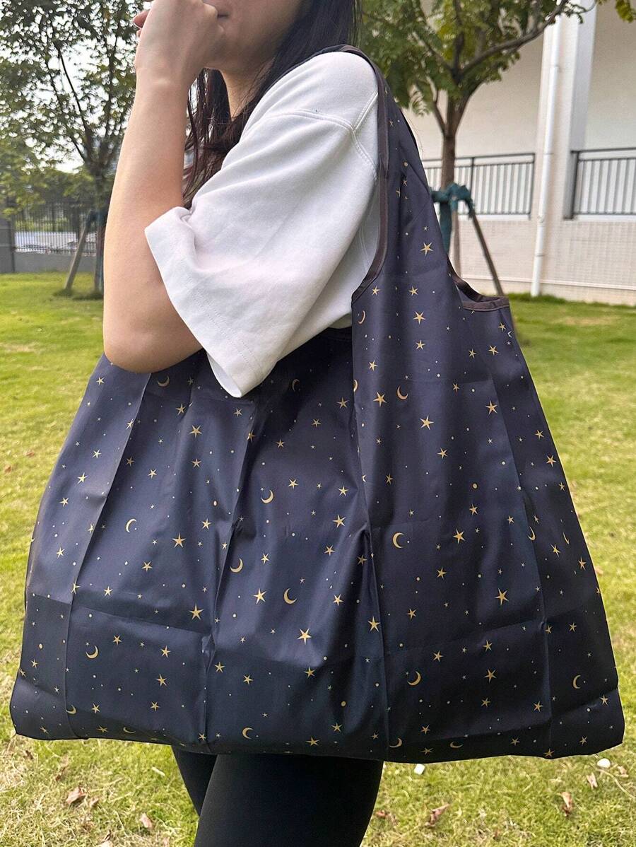 Large Capacity Portable Foldable Shopping Bag With Star & Moon Pattern, Stars Hollow Women Bag - Multicolor - View 1