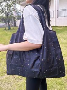 Large Capacity Portable Foldable Shopping Bag With Star & Moon Pattern, Stars Hollow Women Bag - Multicolor - View 2