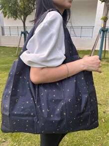 Large Capacity Portable Foldable Shopping Bag With Star & Moon Pattern, Stars Hollow Women Bag - Multicolor - View 3