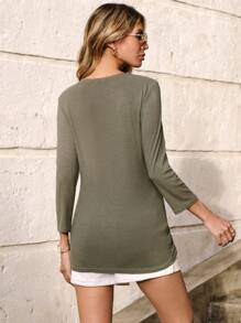 SHEIN Cottnline Solid Rib-knit Tee - Army Green - View 2