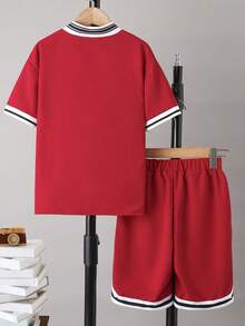 Tween Boy Letter Graphic Baseball Collar Shirt & Shorts Without Tee - Red - View 2