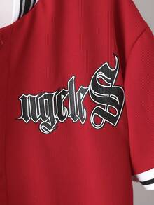 Tween Boy Letter Graphic Baseball Collar Shirt & Shorts Without Tee - Red - View 3