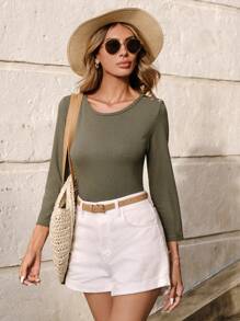 SHEIN Cottnline Solid Rib-knit Tee - Army Green - View 3
