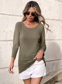 SHEIN Cottnline Solid Rib-knit Tee - Army Green - View 4