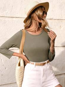 SHEIN Cottnline Solid Rib-knit Tee - Army Green - View 6