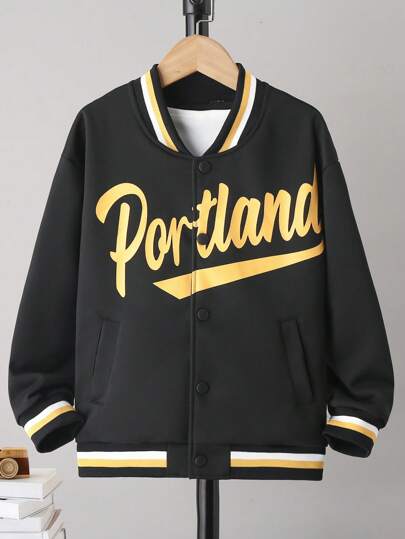 SHEIN Tween Boy Letter Graphic Striped Trim Drop Shoulder Varsity Jacket