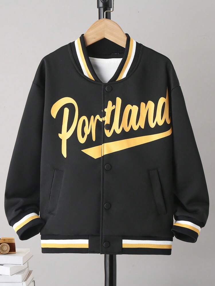 Tween Boy Letter Graphic Striped Trim Drop Shoulder Varsity Jacket