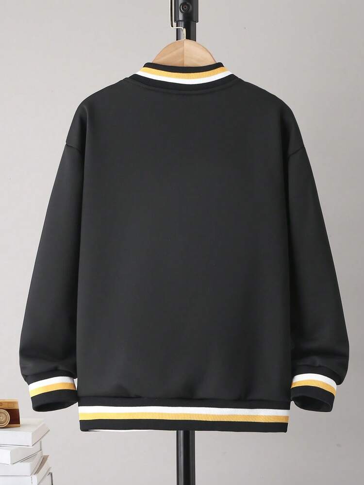 Tween Boy Letter Graphic Striped Trim Drop Shoulder Varsity Jacket