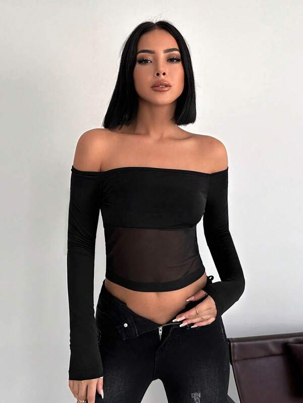RueChic Crop Top mit schulterfrei Kontrast Netzstoff,