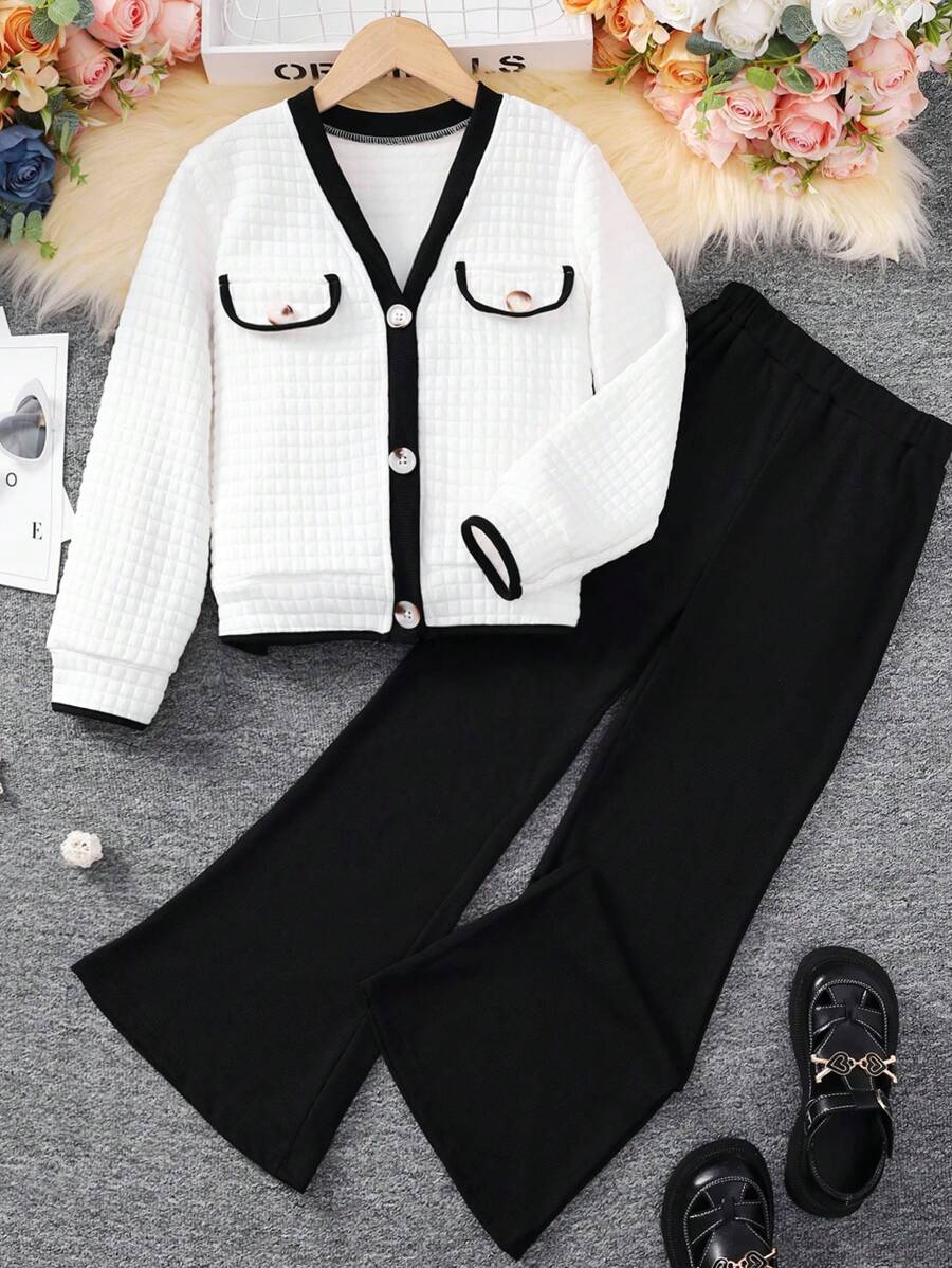 SHEIN 女大童拼接邊翻蓋細節夾克&喇叭褲 - 黑與白 - 查看 1