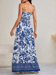 SHEIN Tall Rochie camisă cu desfășurare cu imprimeu floral Rochie lungă de plajă Rochie albastră și albă Rochie lungă de vară Rochie maxi de varăRochie de vacanță pentru femei