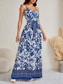 SHEIN Tall Rochie camisă cu desfășurare cu imprimeu floral Rochie lungă de plajă Rochie albastră și albă Rochie lungă de vară Rochie maxi de varăRochie de vacanță pentru femei