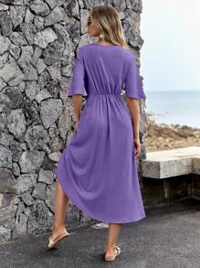 RueChic Solid Button Front Split Thigh Dress - Violet Purple - View 2