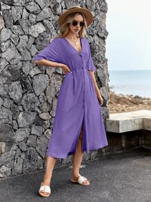 RueChic Solid Button Front Split Thigh Dress - Violet Purple - View 3