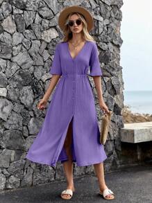 RueChic Solid Button Front Split Thigh Dress - Violet Purple - View 4