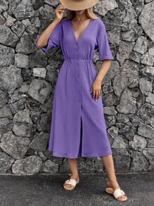 RueChic Solid Button Front Split Thigh Dress - Violet Purple - View 6
