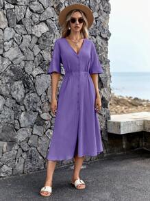 RueChic Solid Button Front Split Thigh Dress - Violet Purple - View 7