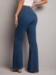 SHEIN PETITE 不對稱腰牛仔喇叭褲 - 深色水洗藍 - 查看 2