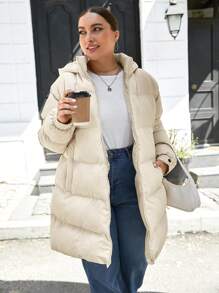 SHEIN Cottnline Plus Zip Up Hooded Puffer Coat - Beige - View 1
