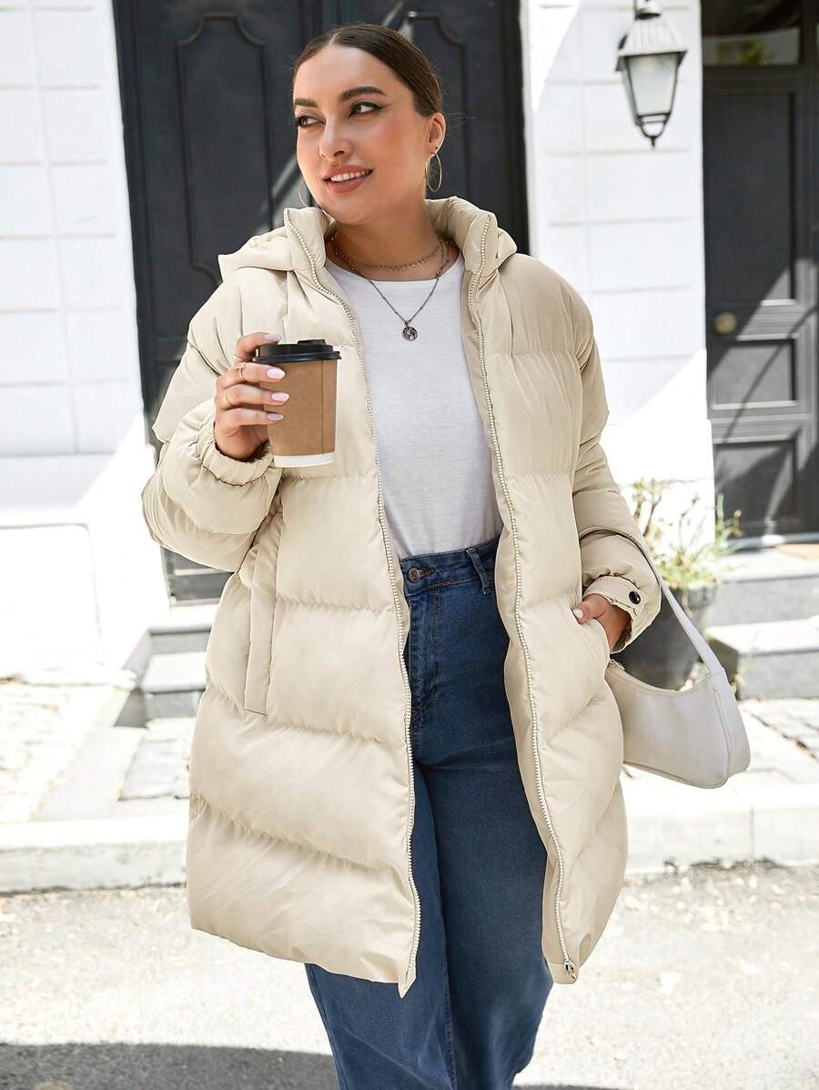SHEIN Cottnline Plus Zip Up Hooded Puffer Coat - Beige - View 1