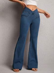 SHEIN PETITE 不對稱腰牛仔喇叭褲 - 深色水洗藍 - 查看 3