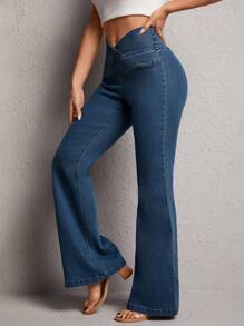 SHEIN PETITE 不對稱腰牛仔喇叭褲 - 深色水洗藍 - 查看 4