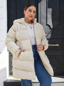 SHEIN Cottnline Plus Zip Up Hooded Puffer Coat - Beige - View 3