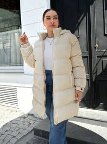 SHEIN Cottnline Plus Zip Up Hooded Puffer Coat - Beige - View 4