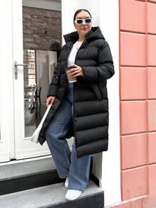 EURMUSE Plus Zip Up Hooded Longline Puffer Coat, For Winter - Black - View 1