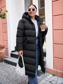 EURMUSE Plus Zip Up Hooded Longline Puffer Coat, For Winter - Black - View 3